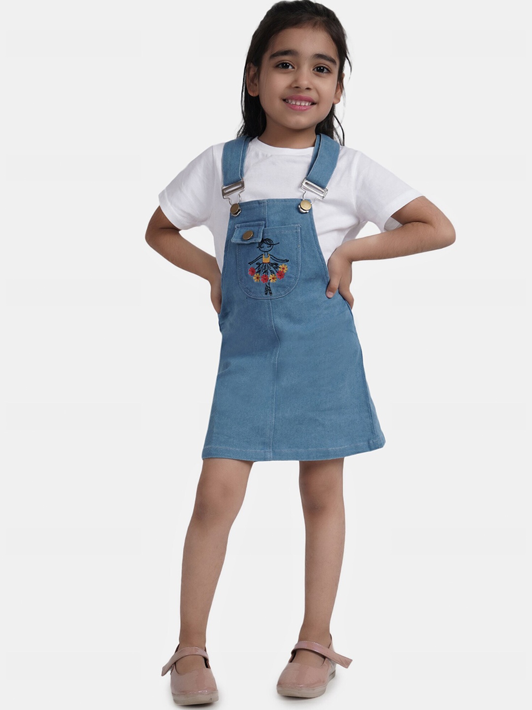 

SUMAVI-FASHION Girls Floral Printed Shoulder Straps Cotton Denim Pinafore Dress, Blue