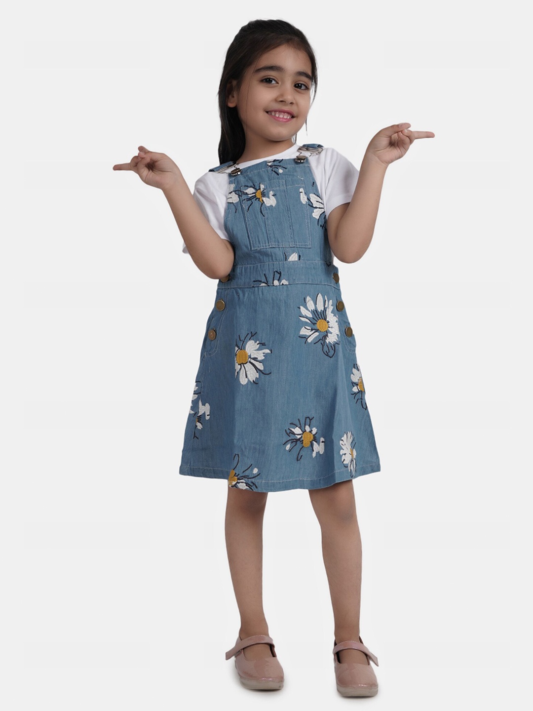 

SUMAVI-FASHION Girls Floral Print Shoulder Straps Cotton Denim Fit & Flare Dress, Blue