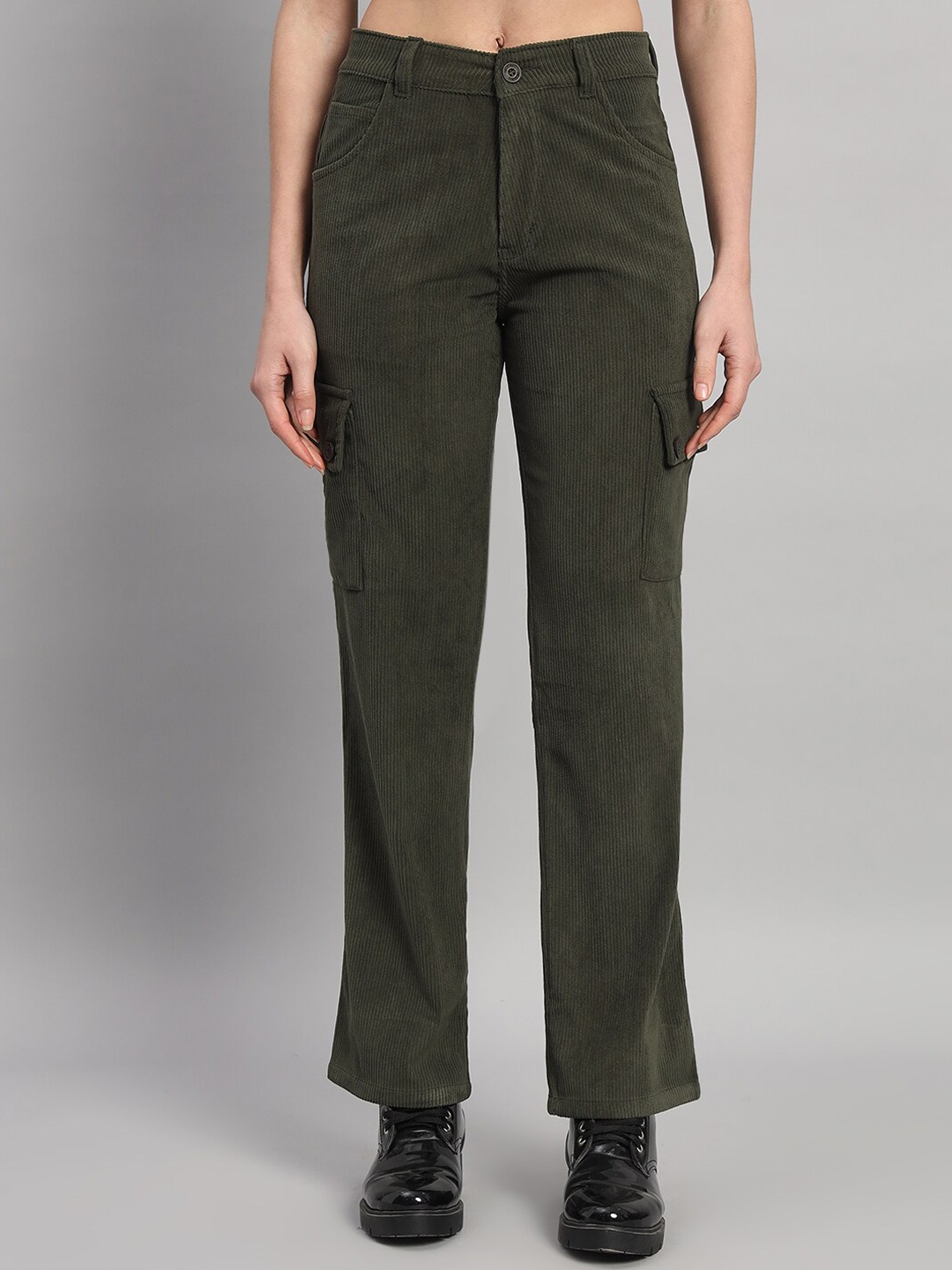 

Chemistry Women Relaxed Straight Fit High-Rise Flat-Front Corduroy Cotton Cargos Trouser, Brown