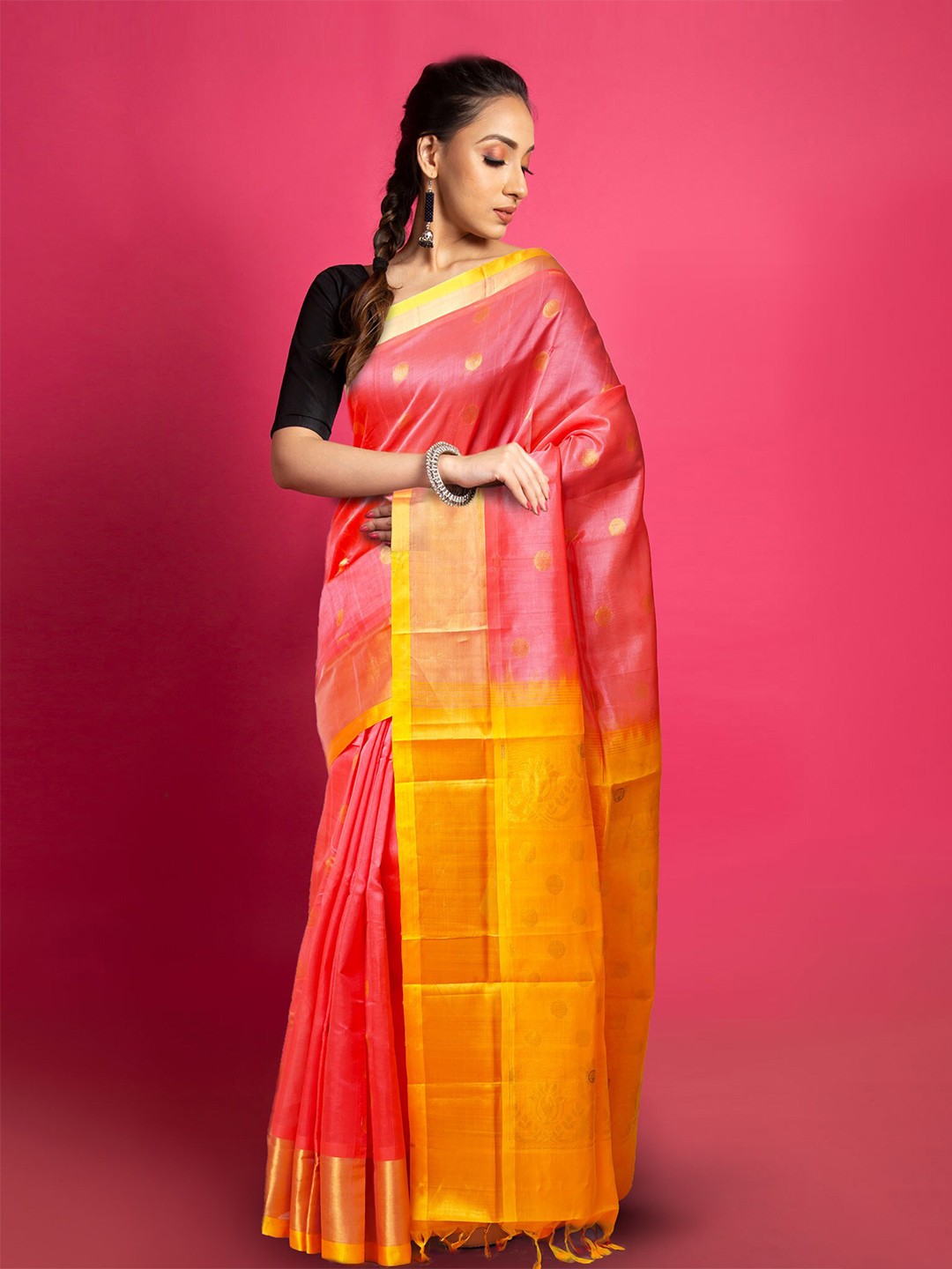 

Unnati Silks Ethnic Motifs Woven Design Zari Handloom Pure Silk Kanjeevaram Saree, Pink
