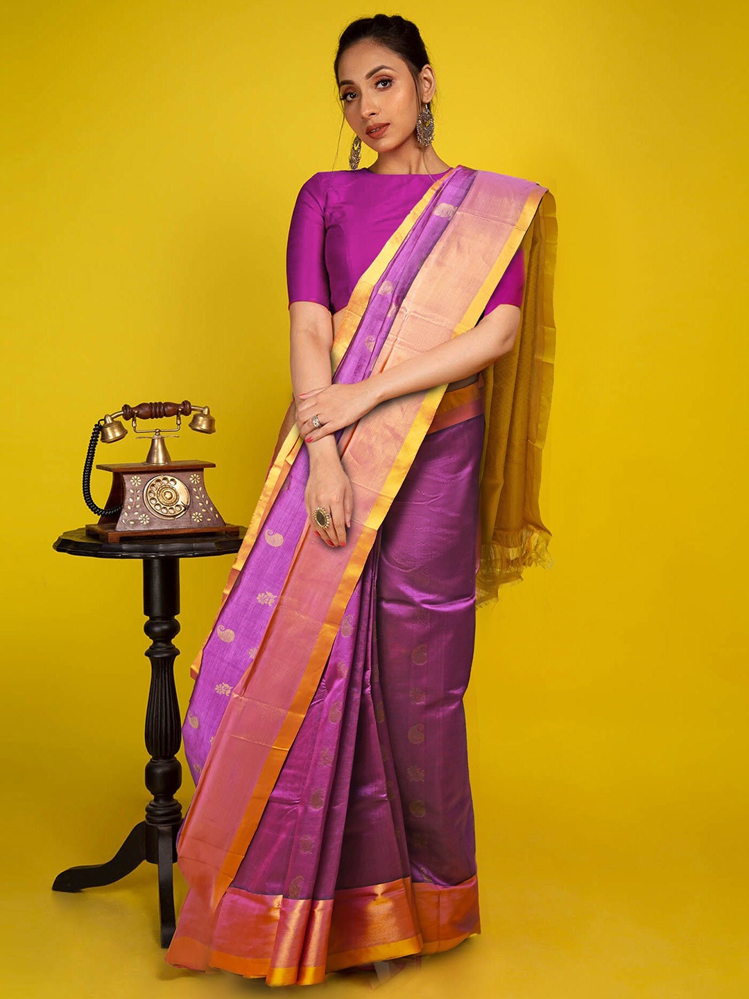 

Unnati Silks Ethnic Motifs Woven Design Zari Handloom Pure Silk Kanjeevaram Saree, Purple