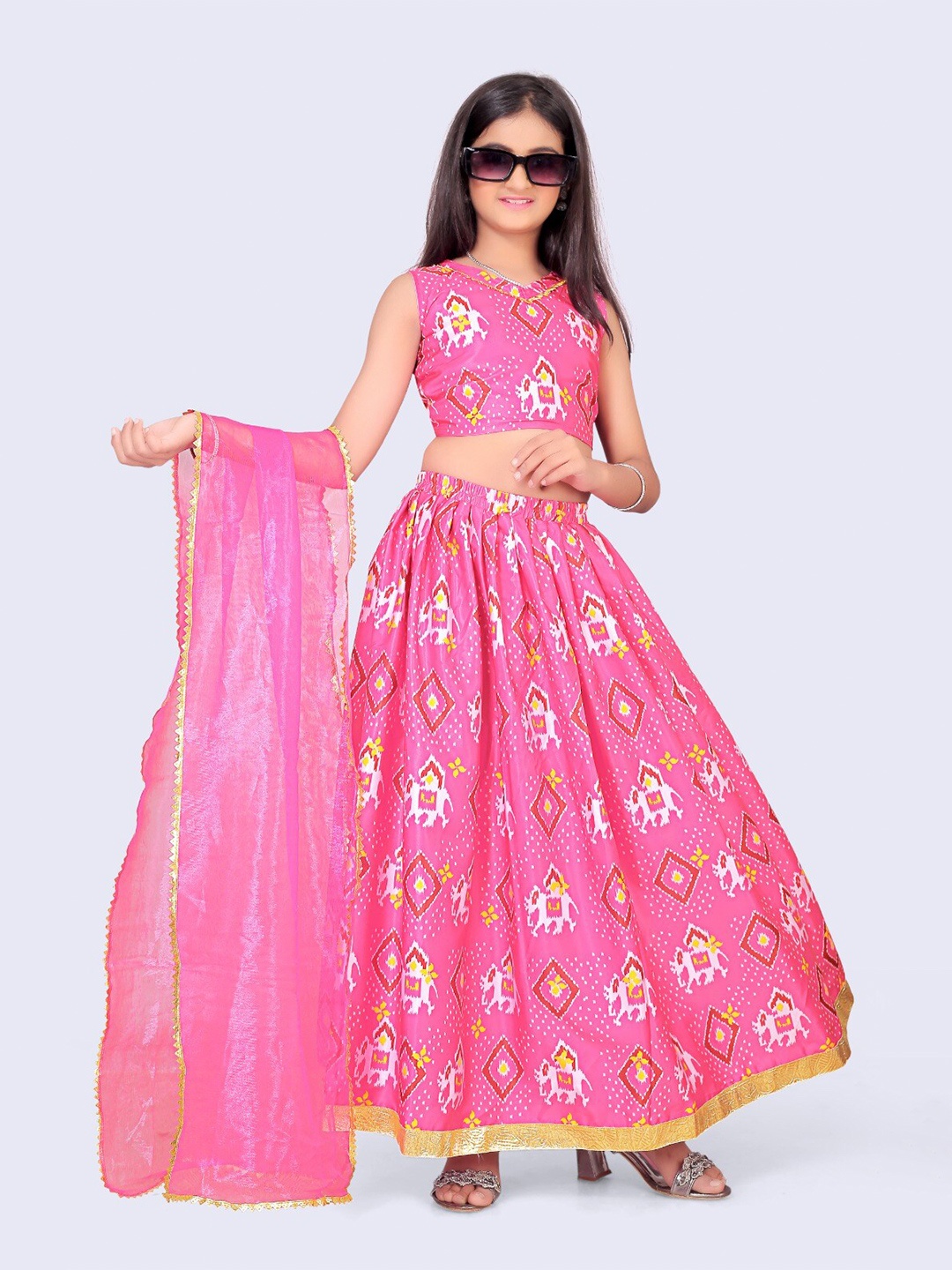 

BAESD Girls Printed Gotta Patti Ready to Wear Lehenga & Blouse With Dupatta, Pink