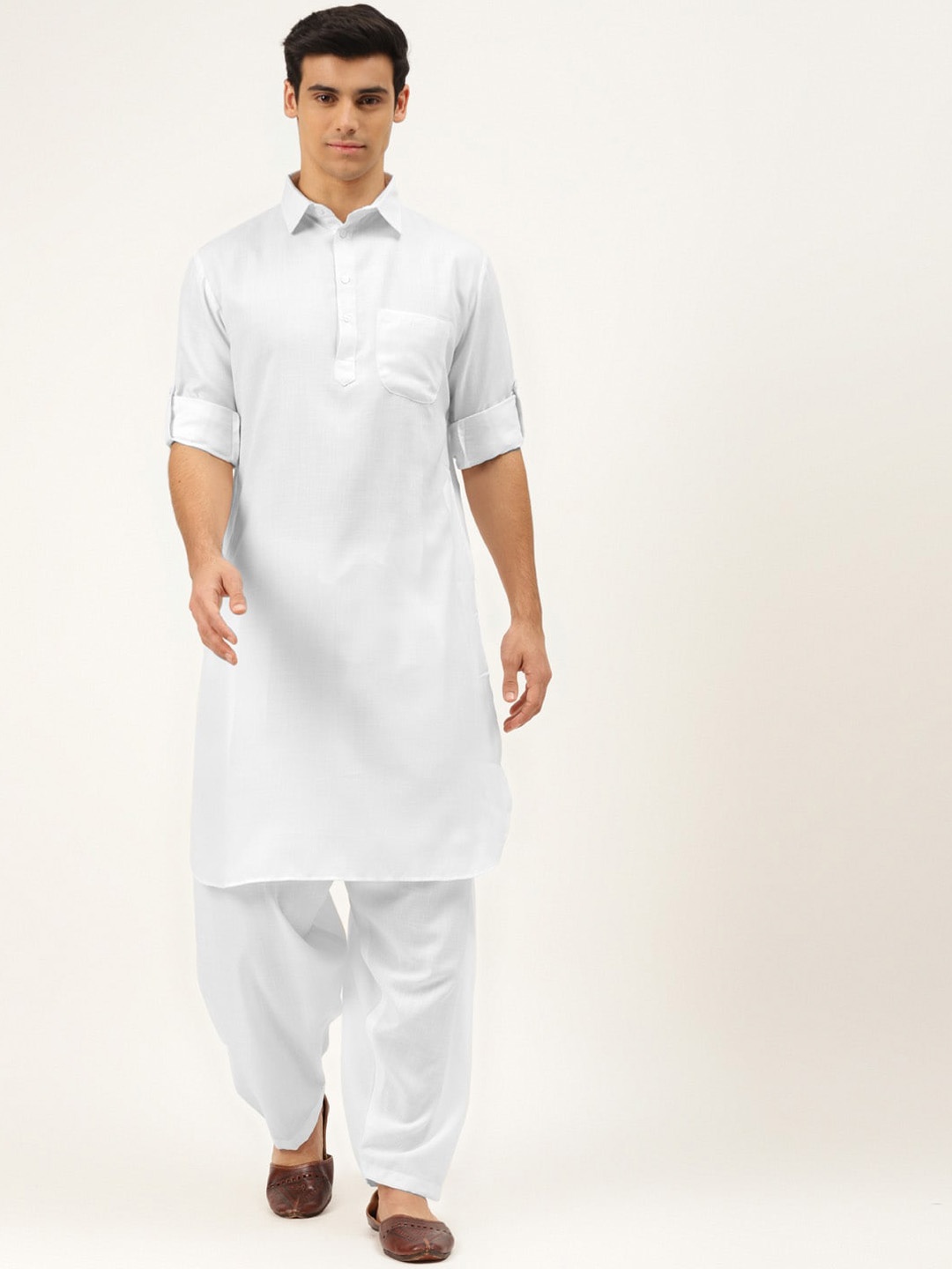 

Molly & Michel Shirt Collar Roll-Up Sleeves Cotton Pathani Kurta, White