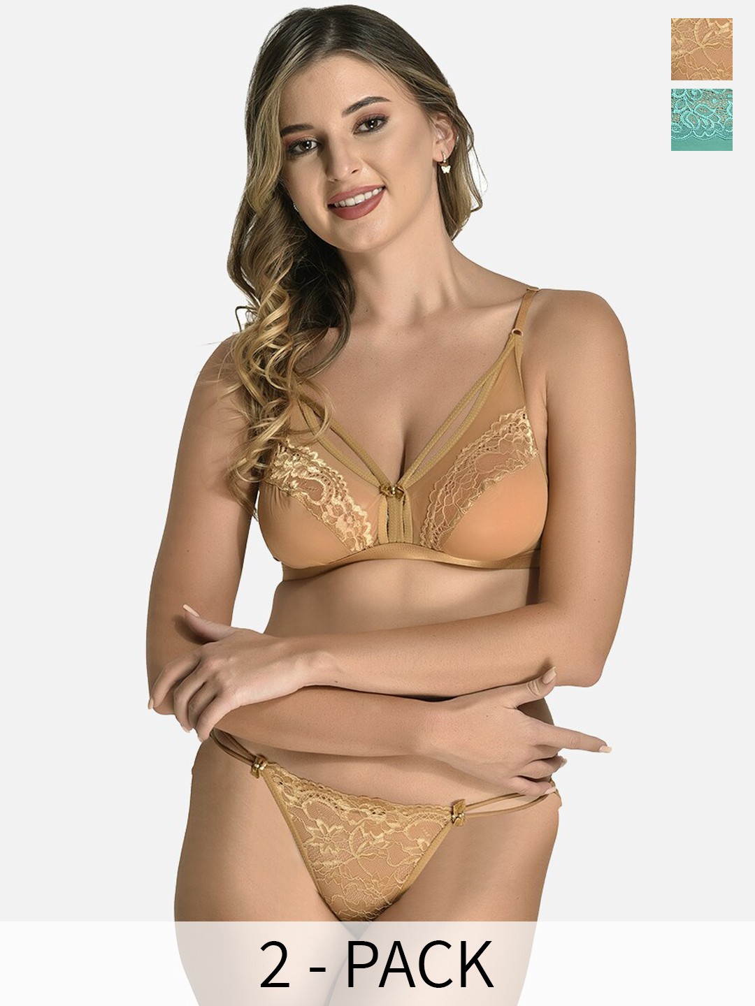 

StyFun Pack Of 2 Non Padded Lace Lingerie Set, Beige