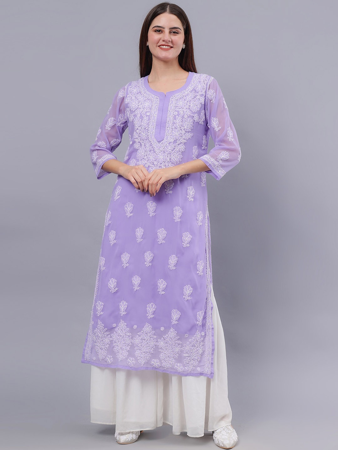 

Seva Chikan Printed Three-Quarter Sleeves Thread Work Georgette Kurta, Mauve