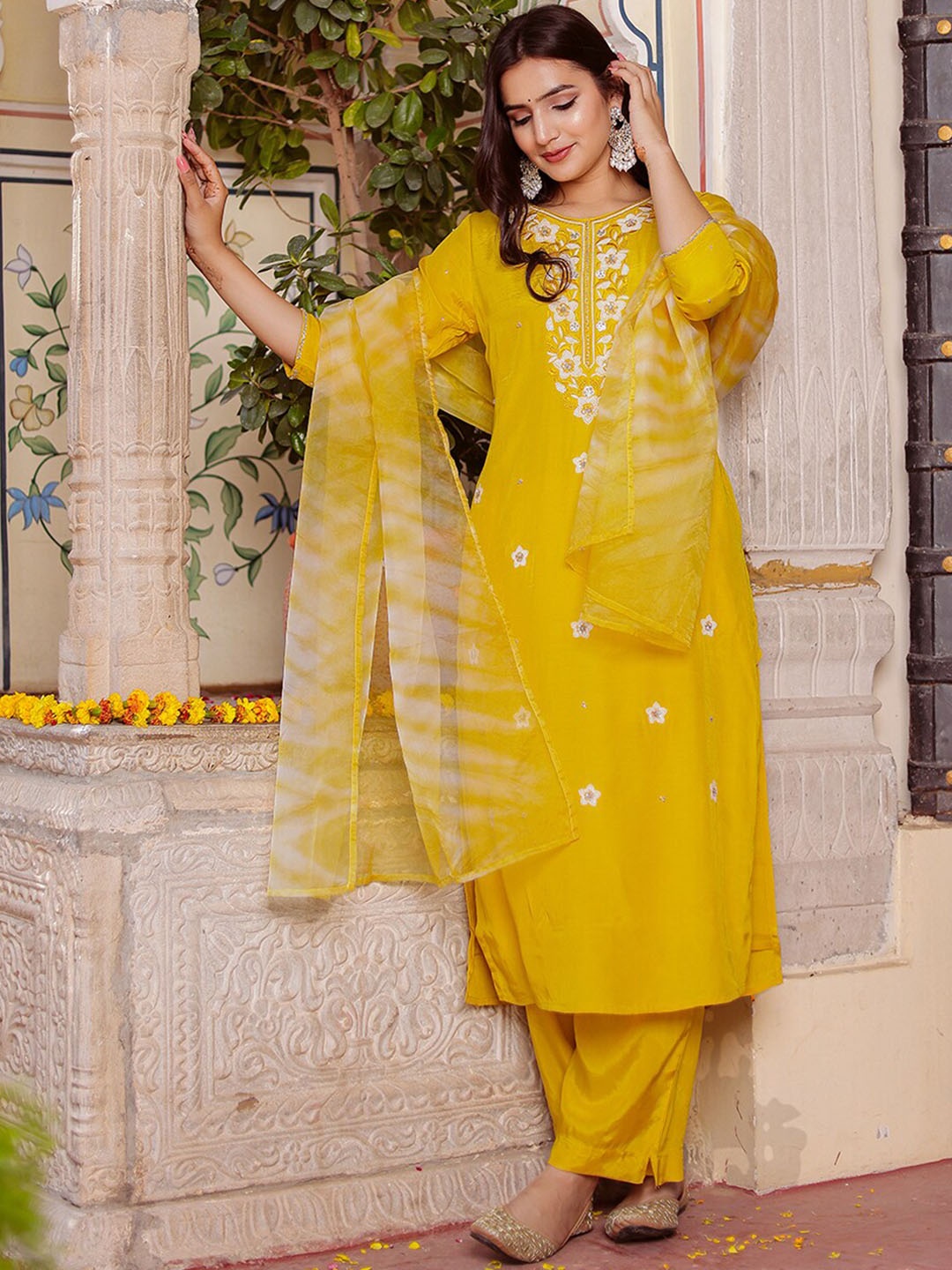

VASVI Embroidered Regular Zardozi Kurta with Harem Pant & Dupatta, Mustard