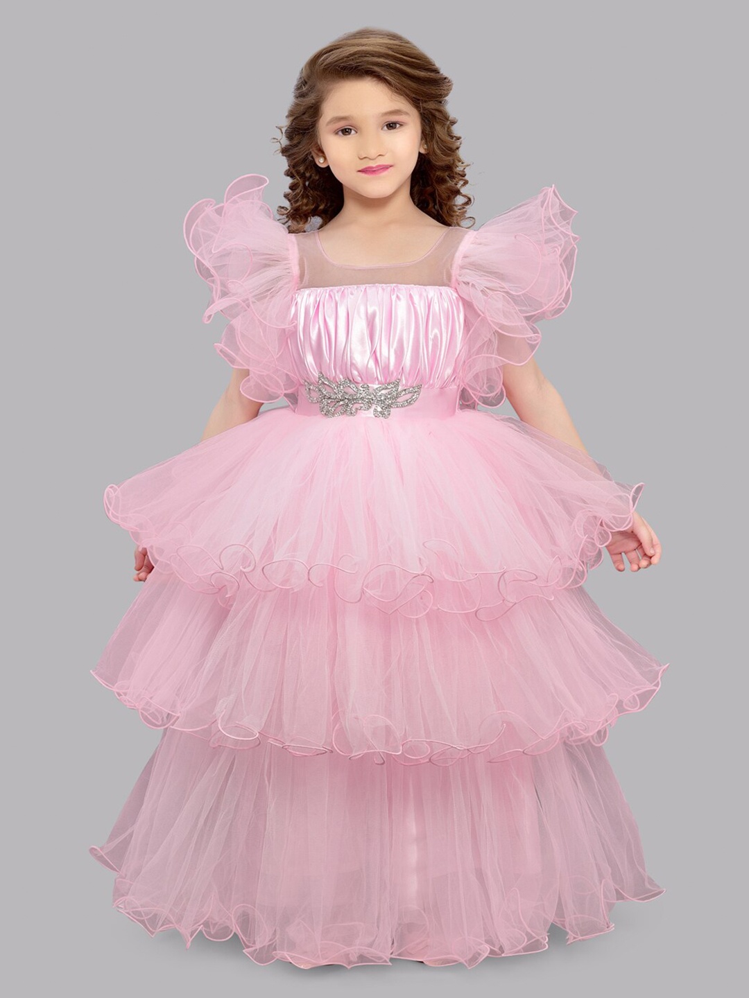 

Pink Chick Flutter Sleeves Layered Net Maxi Dress