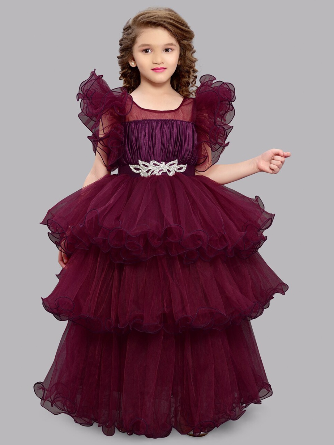 

Pink Chick Girls Flutter Sleeves Layered Net Gown Maxi Dress, Burgundy