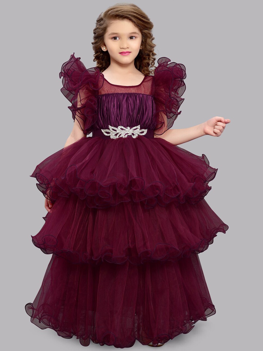 

Pink Chick Girls Flutter Sleeves Layered Net Maxi Dress, Burgundy