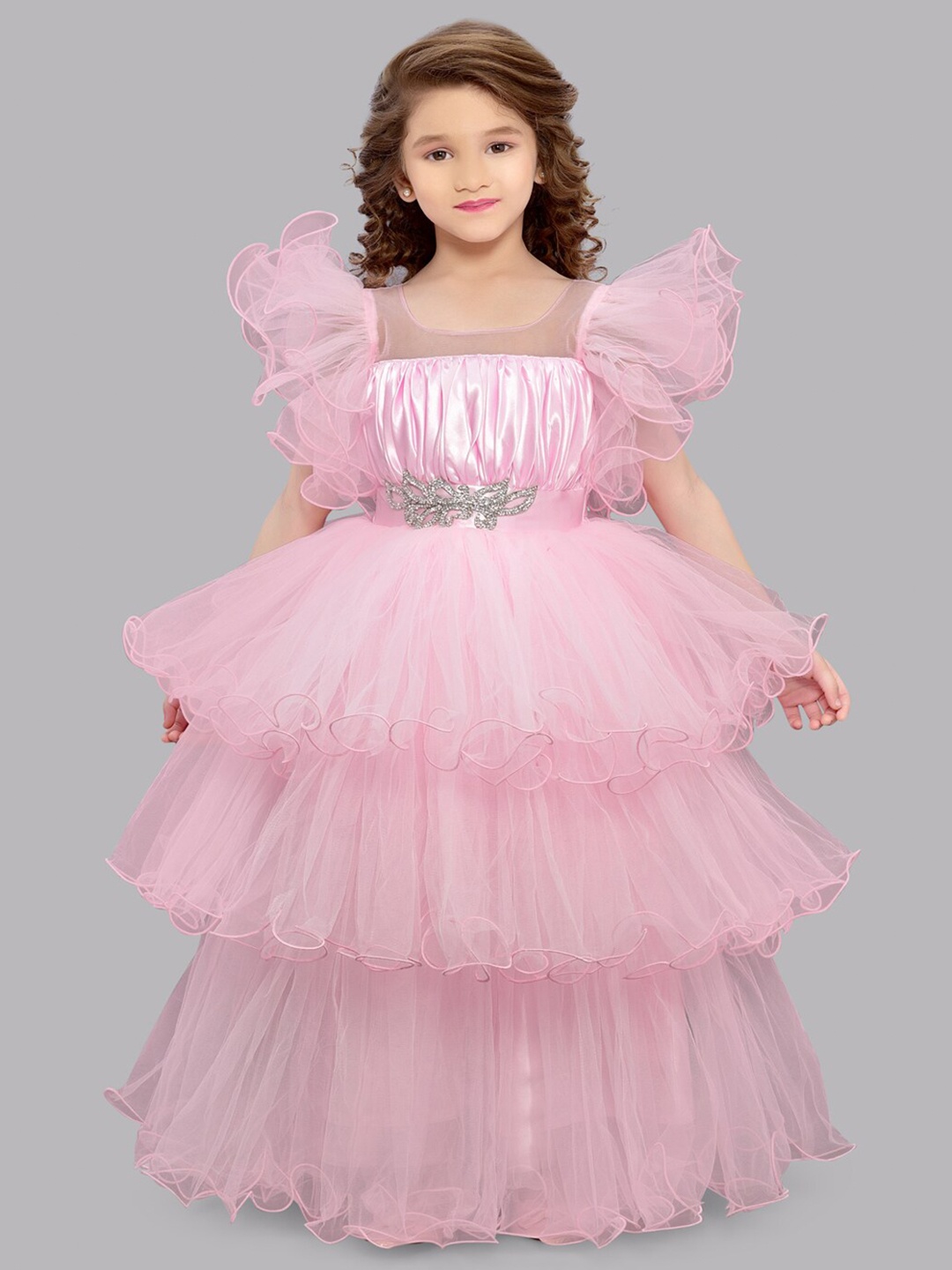 

Pink Chick Girls Flutter Sleeve Layered Net Maxi Dress