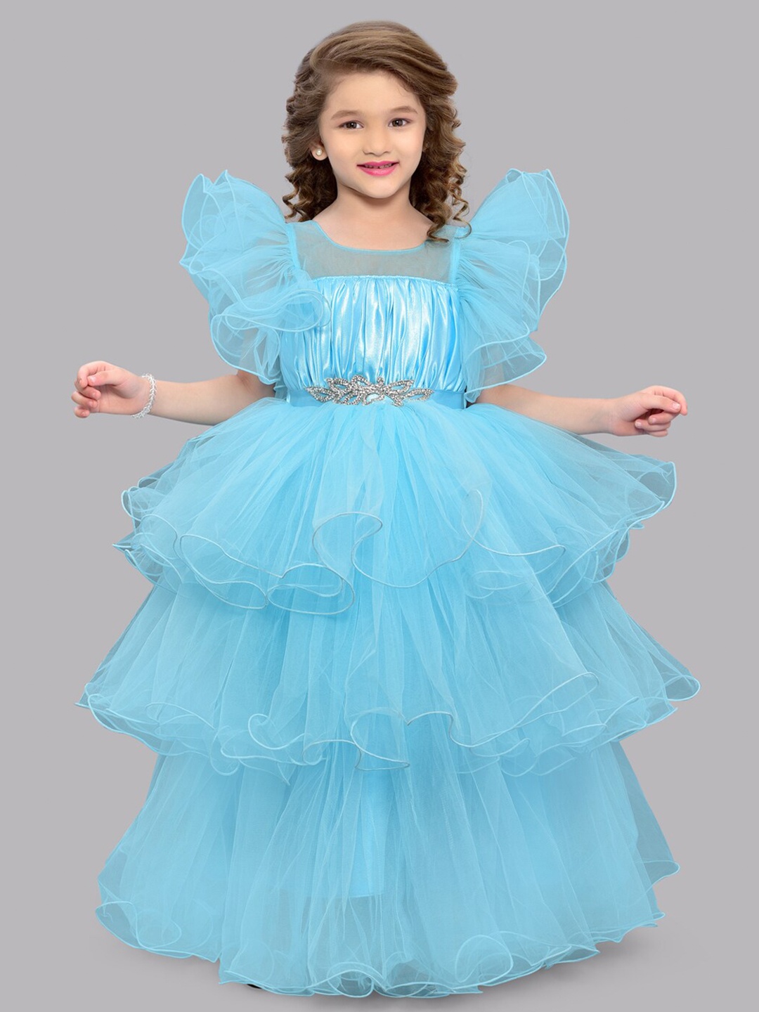 

Pink Chick Flutter Sleeves Layered Net Maxi Dress, Blue