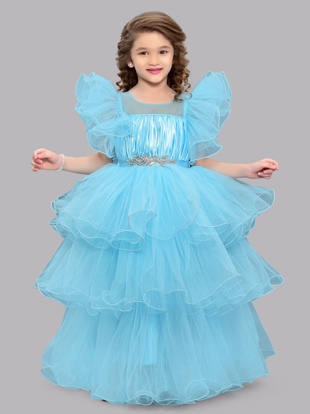 

Pink Chick Girls Flutter Sleeve Layered Net Maxi Dress, Blue