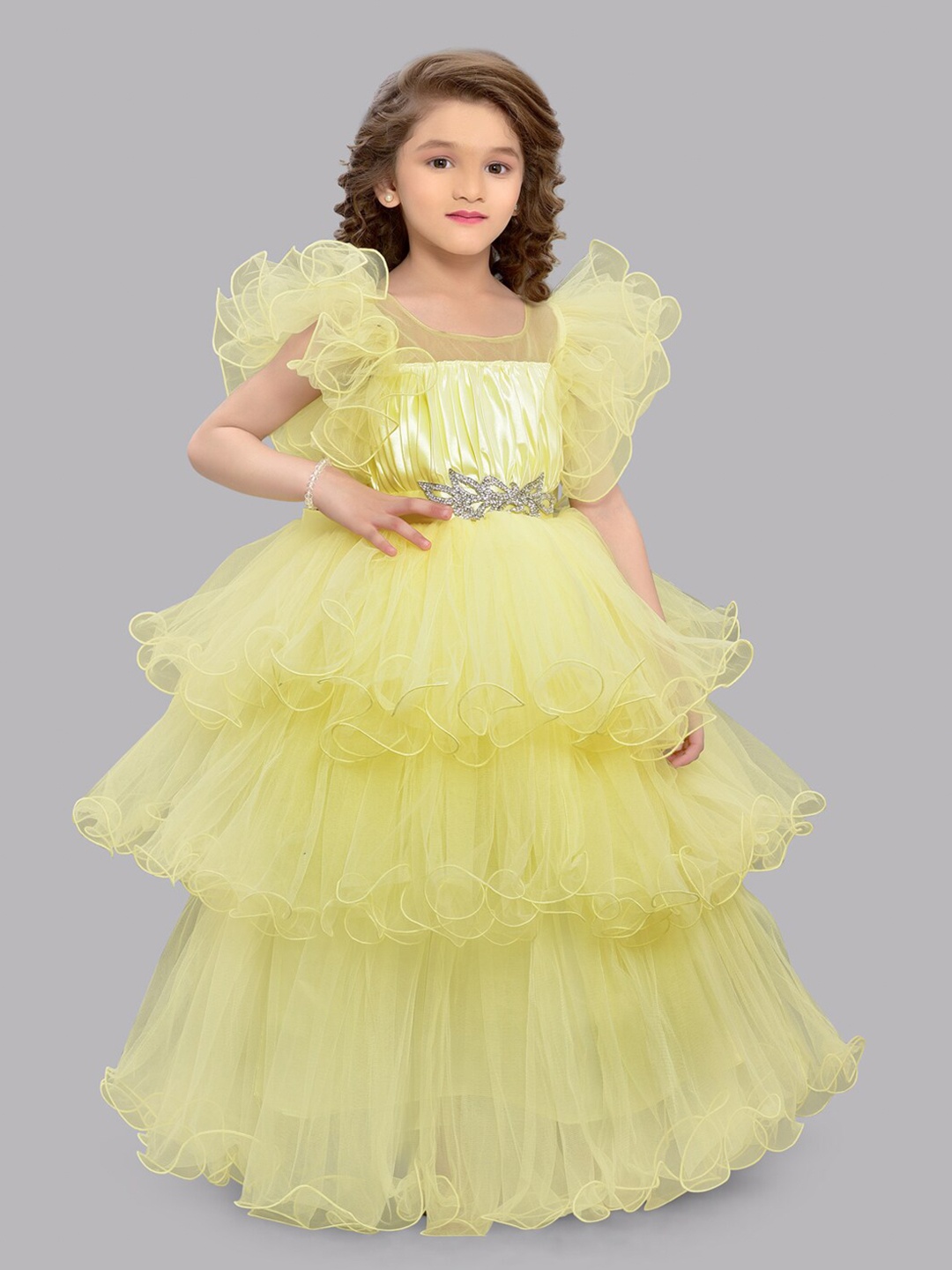 

Pink Chick Girls Flutter Sleeves Layered Net Gown Maxi Dress, Yellow