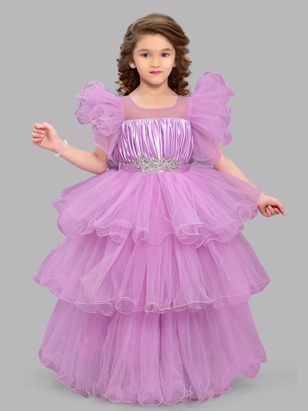 

Pink Chick Girls Flutter Sleeves Layered Net Gown Maxi Dress, Lavender