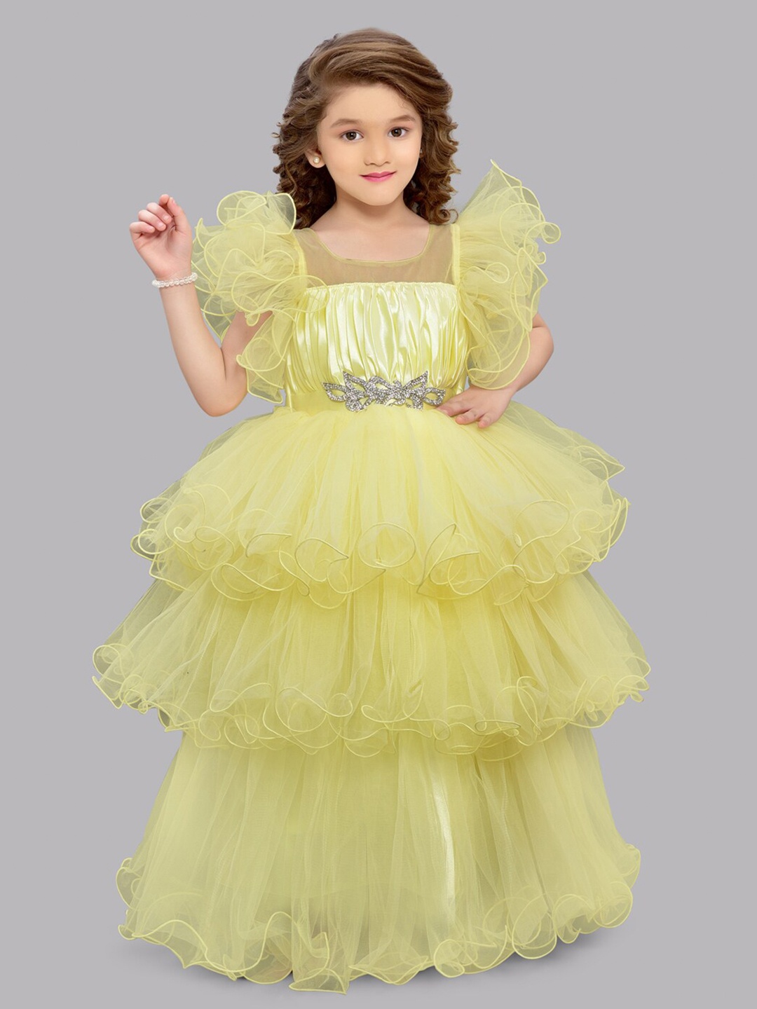

Pink Chick Girls Puff Sleeve Layered Net Maxi Dress, Yellow