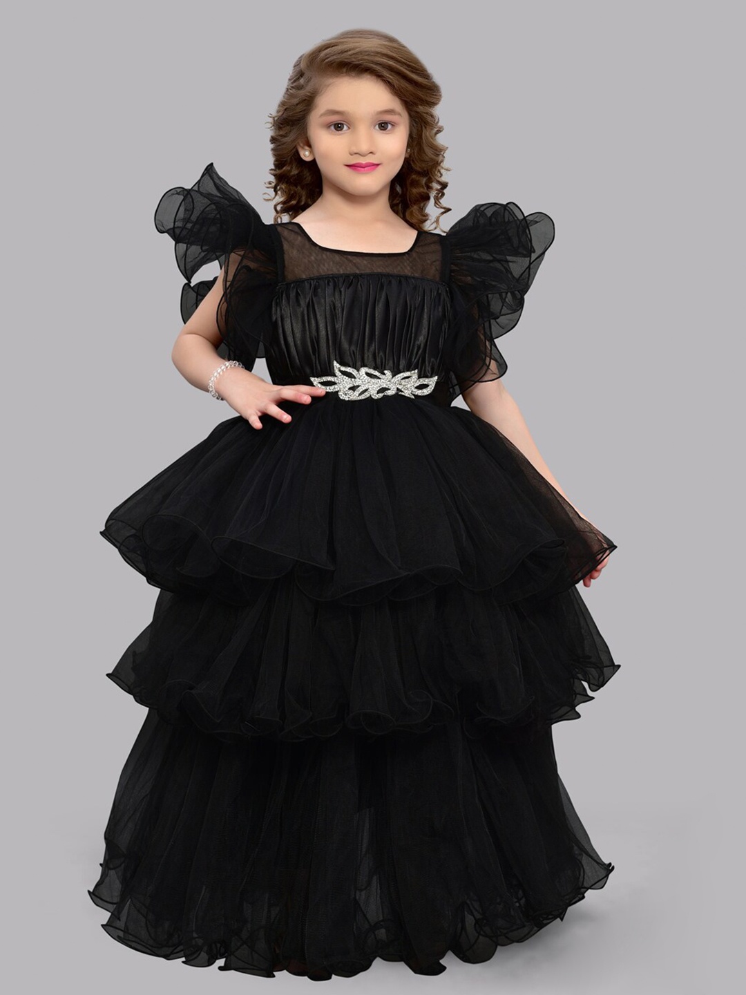 

Pink Chick Girls Flutter Sleeves Layered Net Maxi Dress, Black