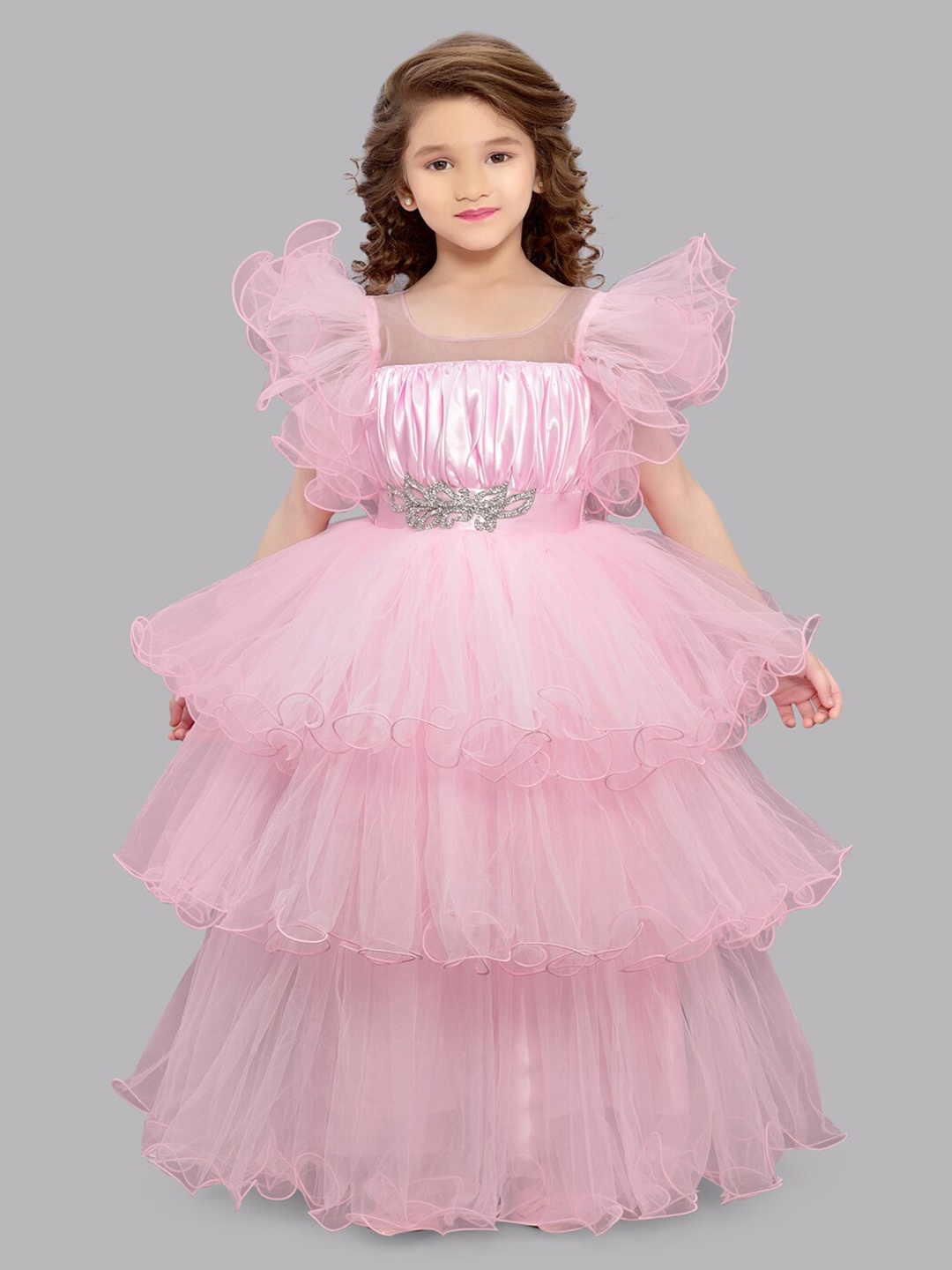

Pink Chick Girls Flutter Sleeves Layered Net Gown Maxi Dress
