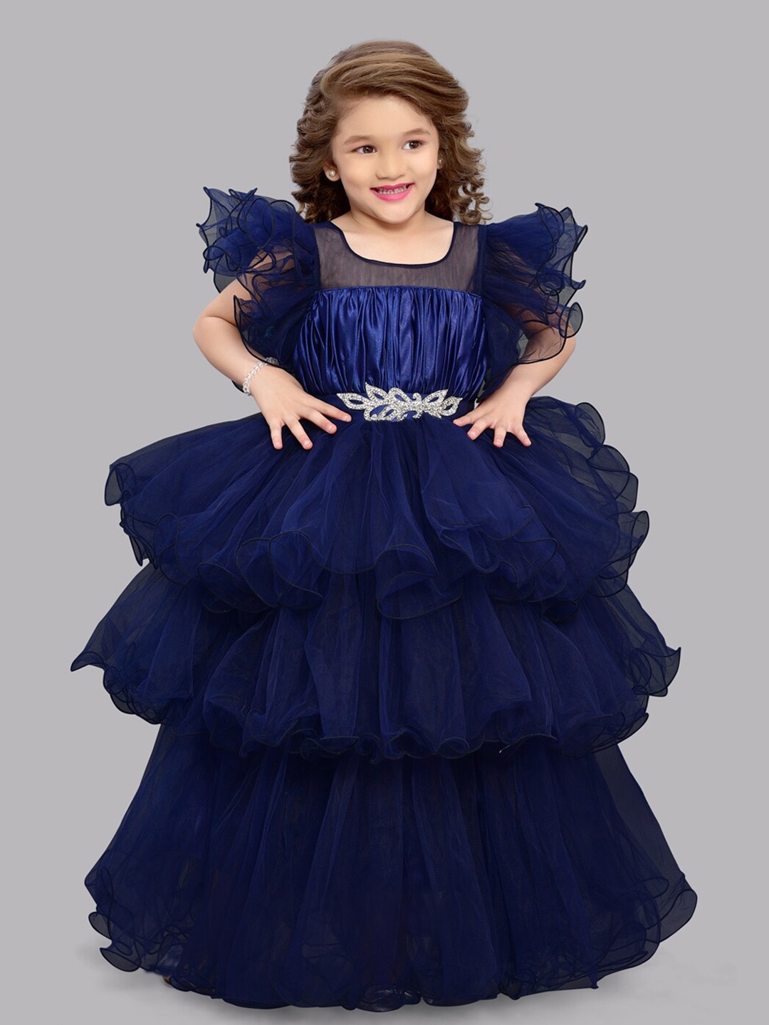 

Pink Chick Girls Flutter Sleeves Layered Net Gown Maxi Dress, Navy blue