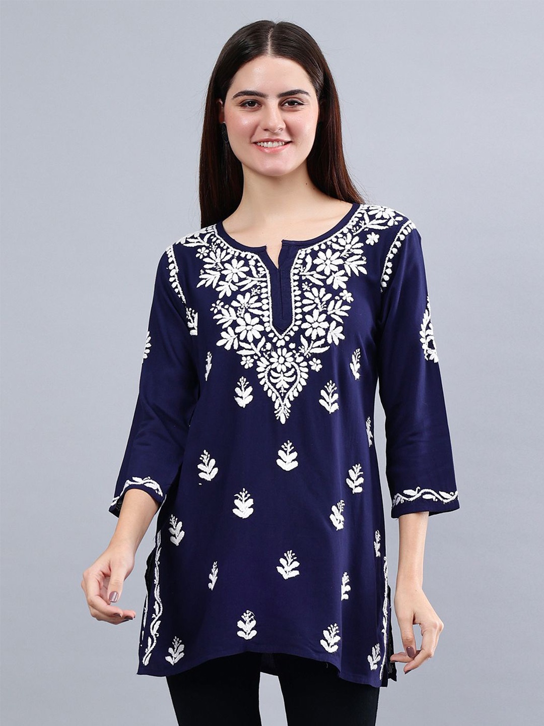 

Seva Chikan Ethnic Motifs Embroidered Lucknowi Chikankari Kurti, Navy blue