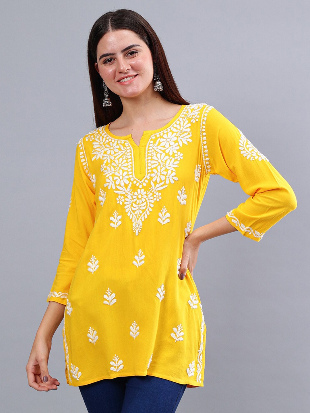 

Seva Chikan Ethnic Motifs Embroidered Lucknowi Chikankari Kurti, Yellow