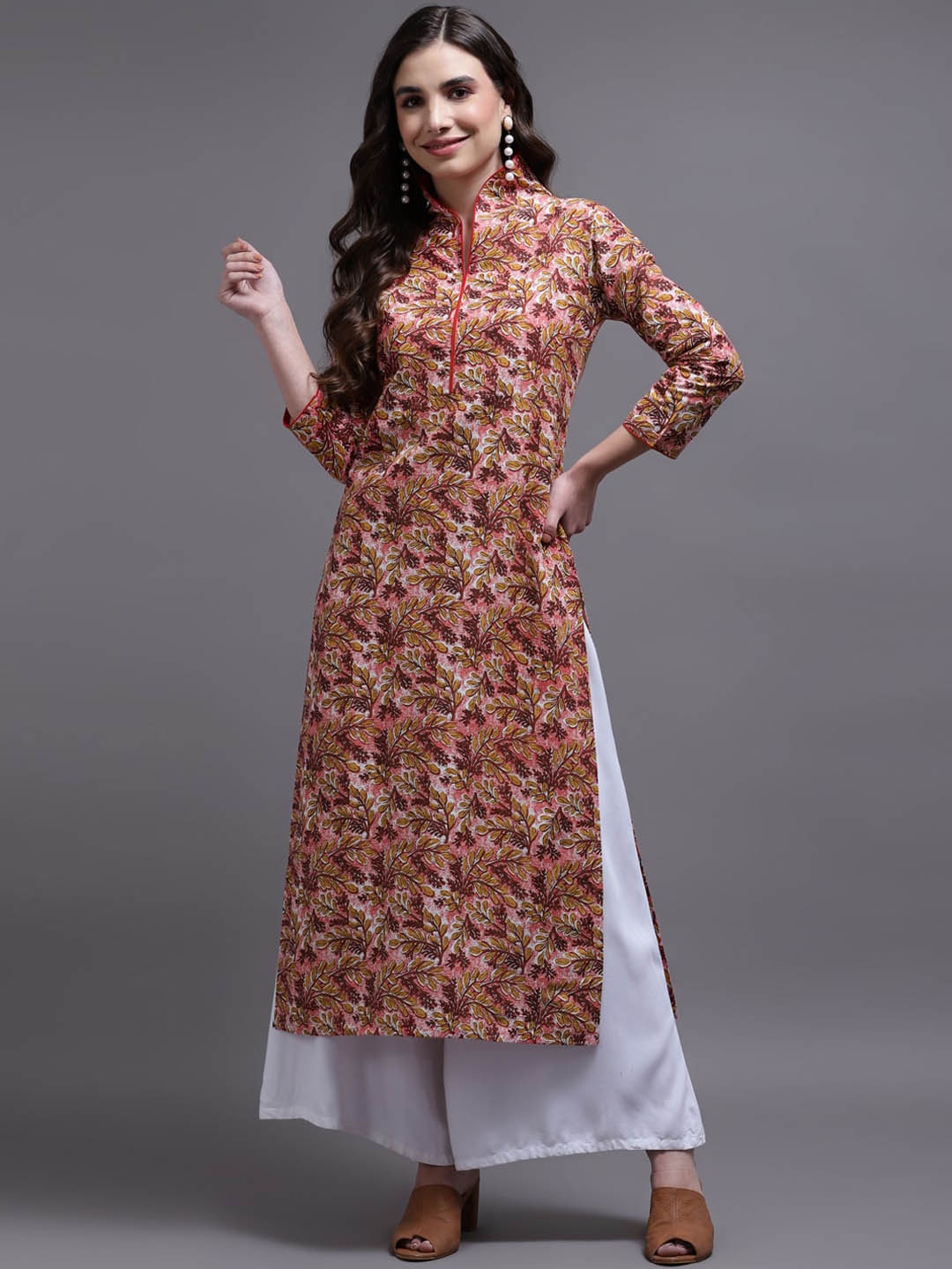 Cora Floral Printed Mandarin Collar Cotton Straight Kurta, Rust