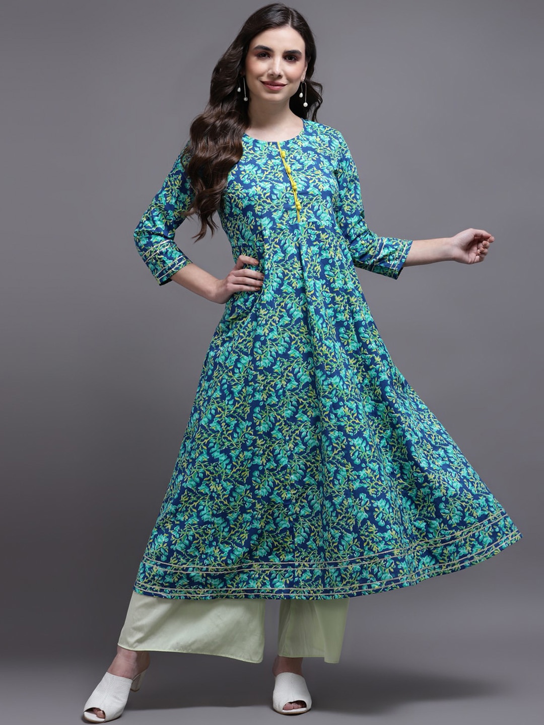 

Cora Floral Printed Gotta Patti Detailed Panelled Anarkali Kurta, Blue