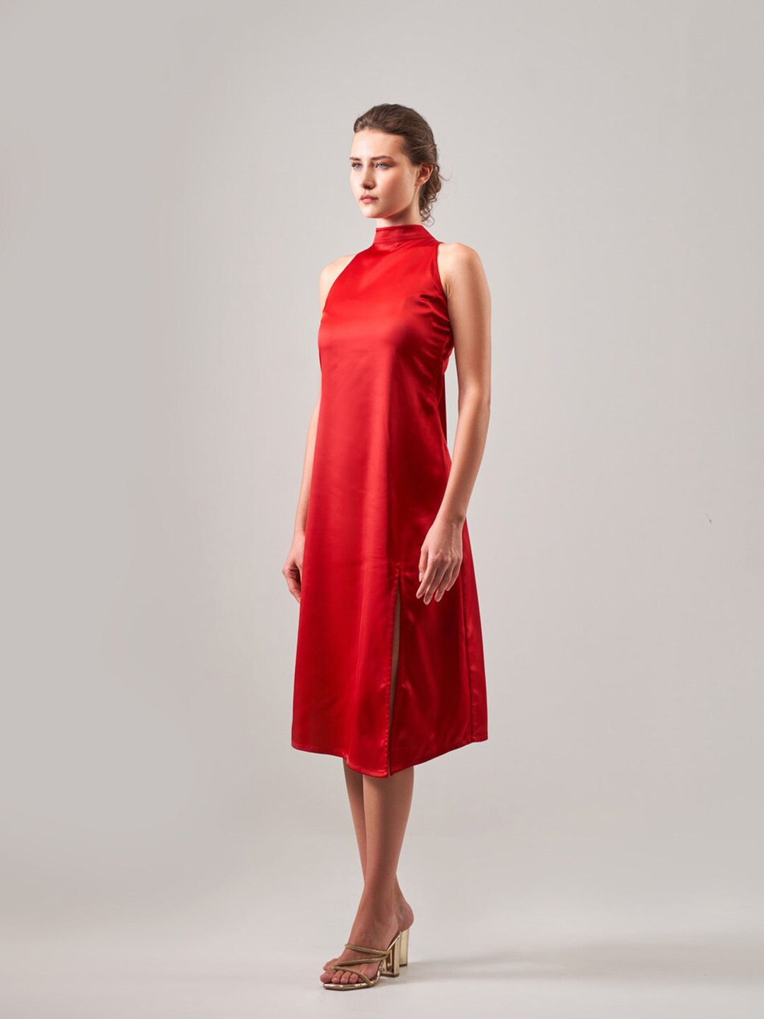 

SOTBELLA Halter Neck Sleeveless Satin A-Line Dress, Red