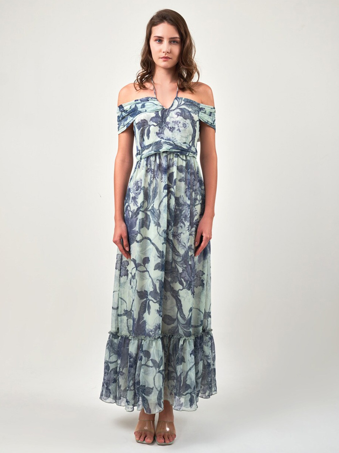 

SOTBELLA Tropical Print Cold-Shoulder Chiffon Maxi Dress, Blue