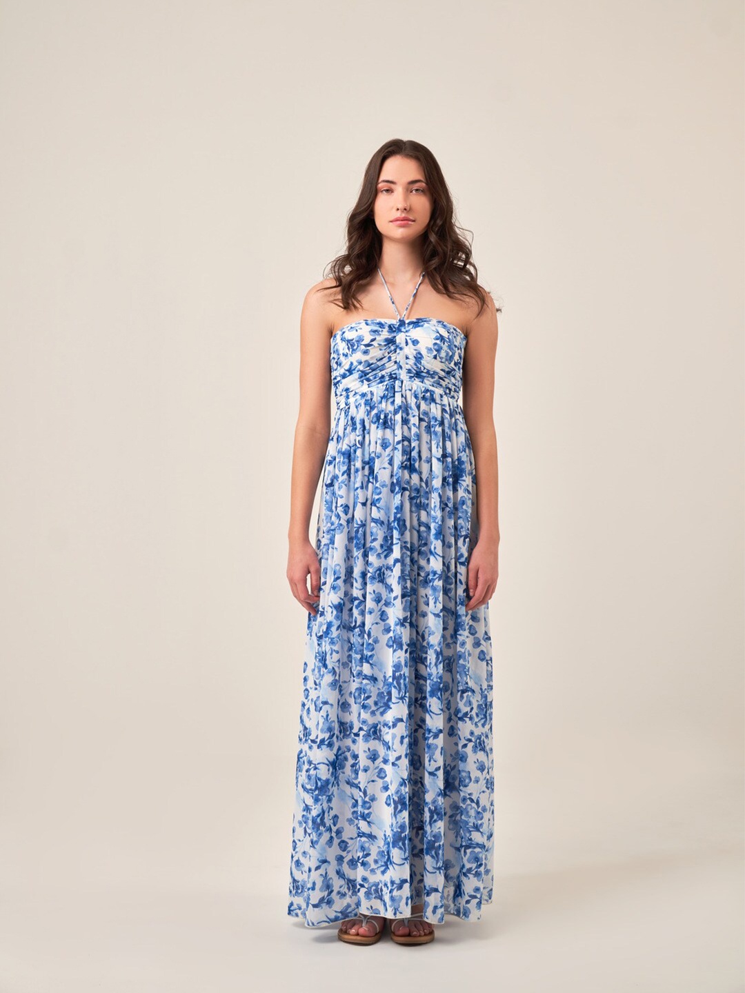 

SOTBELLA Halter Neck Sleeveless Floral Print Georgette Maxi Dress, Blue