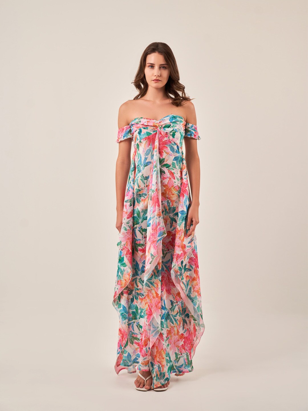 

SOTBELLA Floral Printed Off-Shoulder Smocked Crepe Maxi Dress, Pink