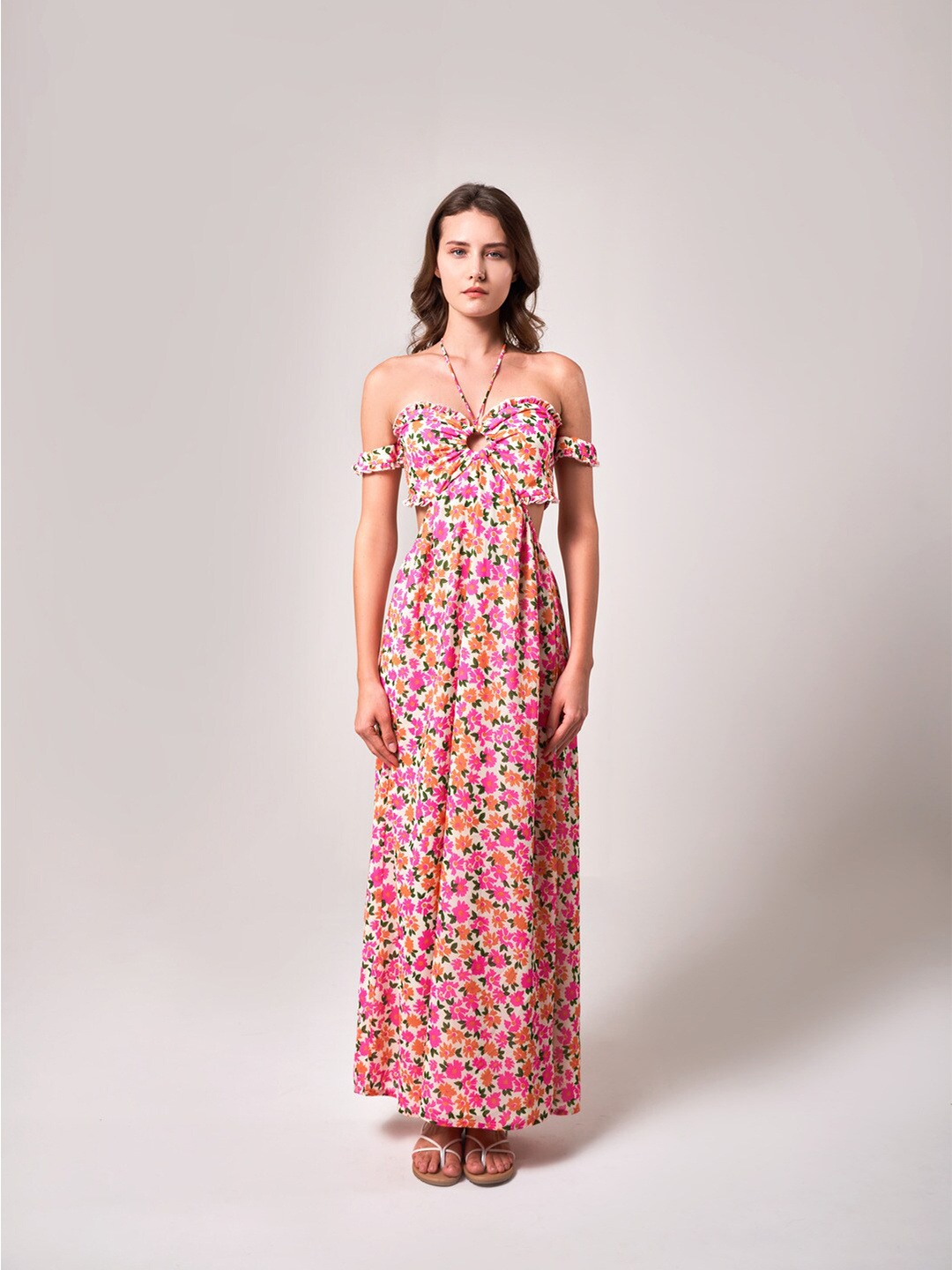 

SOTBELLA Floral Printed Off-Shoulder Cut-Outs Smocked Georgette Maxi Dress, Pink