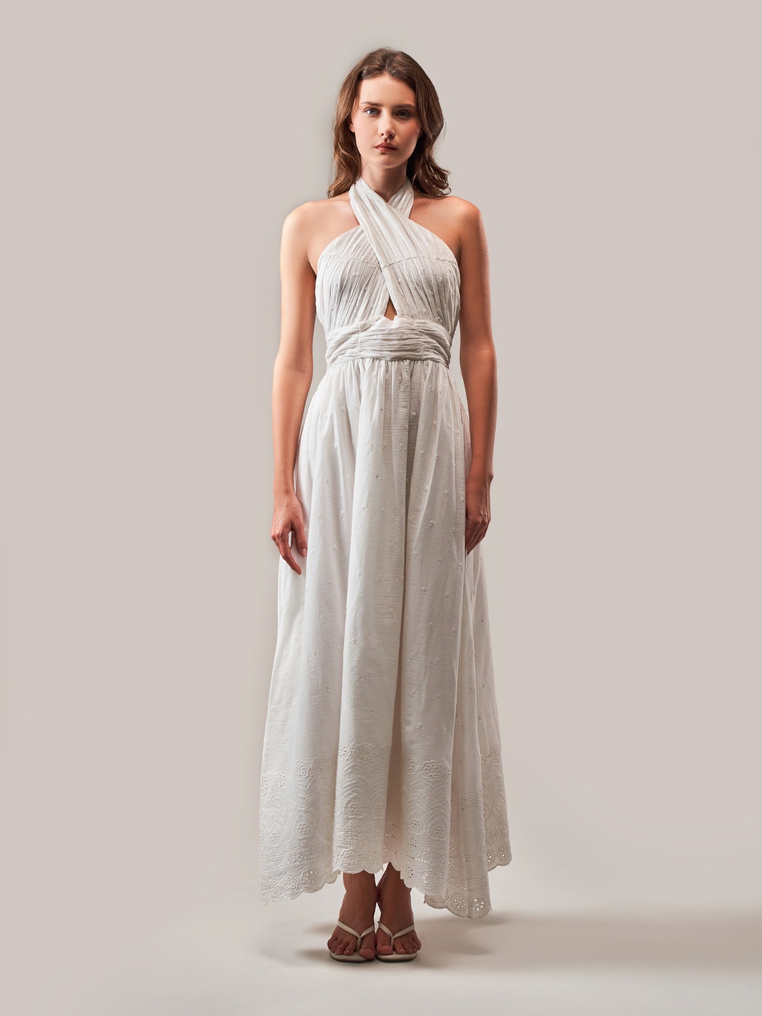 

SOTBELLA Shoulder Straps Sleeveless Geometric Print Maxi Dress, White