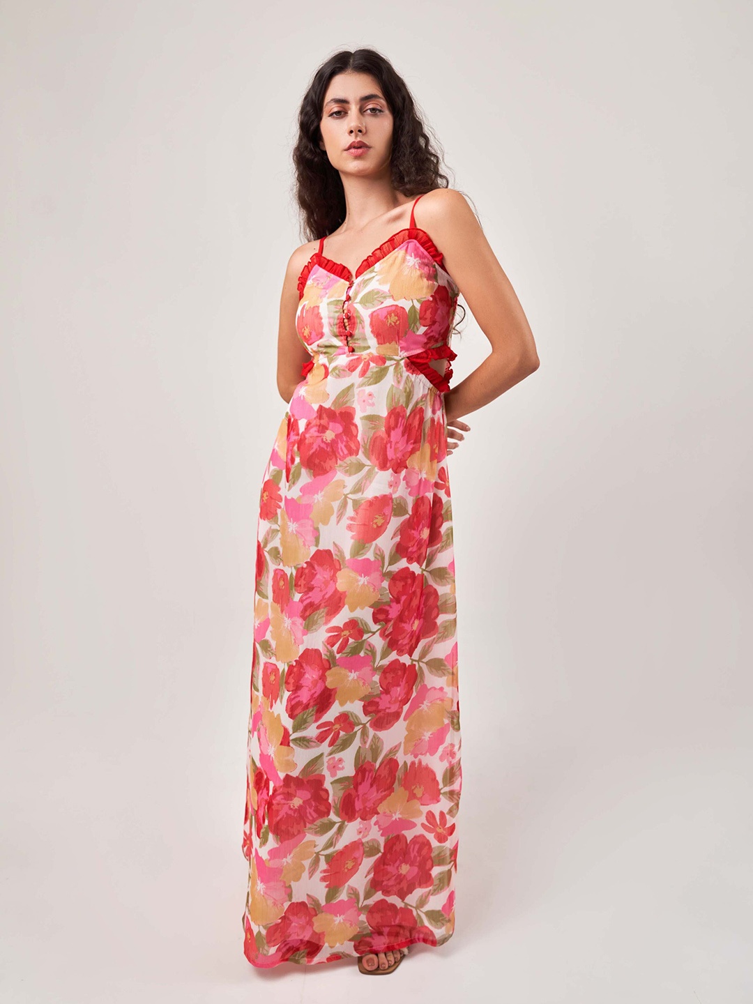 

SOTBELLA Floral Printed Shoulder Straps Chiffon Cut-Outs Details A-Line Maxi Dress, Pink