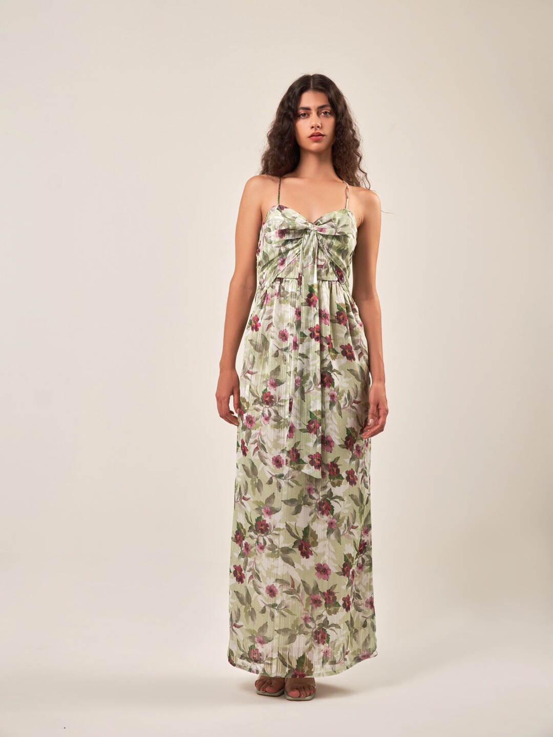 

SOTBELLA Shoulder Straps Sleeveless Floral Print Georgette Maxi Dress, Green
