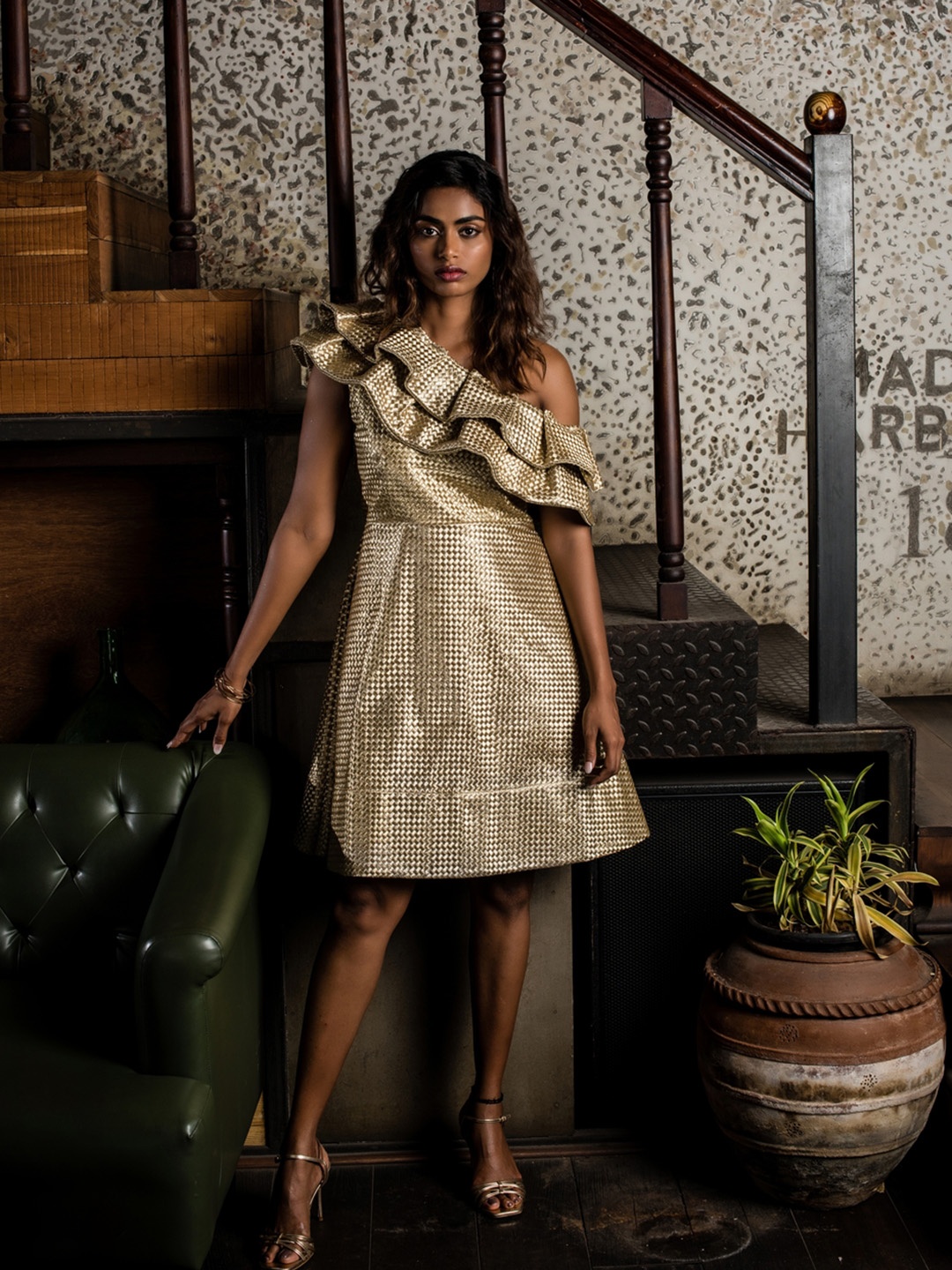 

Sayaanika Self Design Round Neck Crepe A-Line Dress, Gold