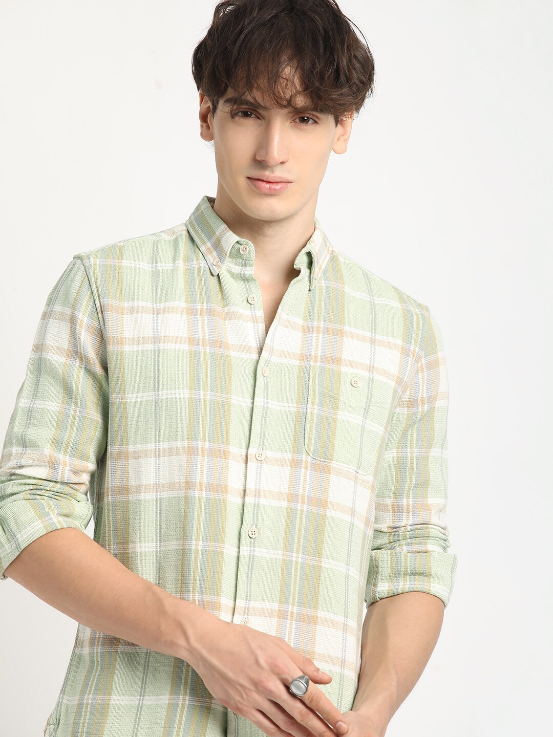 

THE BEAR HOUSE Slim Fit Tartan Checks Long Sleeves Opaque Casual Shirt, Green