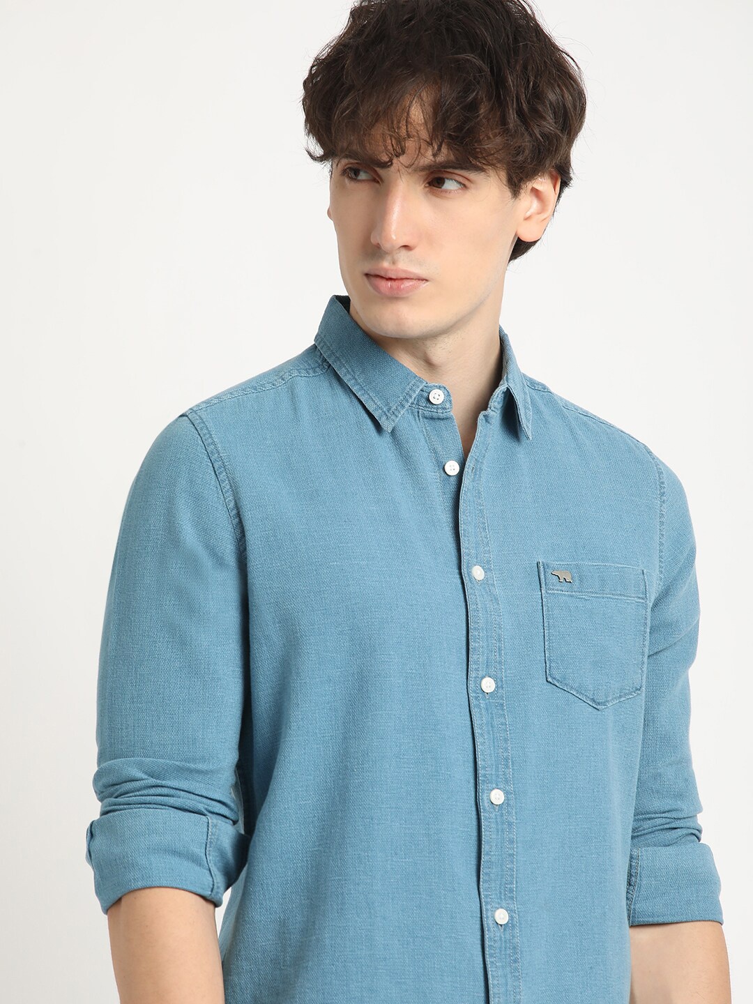 

THE BEAR HOUSE Slim Fit Spread Collar Long Sleeves Cotton Casual Shirt, Blue