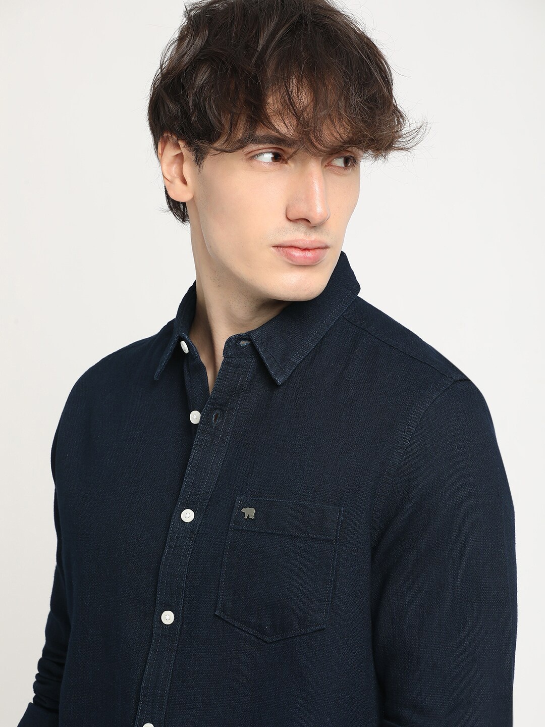 

THE BEAR HOUSE Slim Fit Long Sleeves Spread Collar Cotton Opaque Casual Shirt, Blue