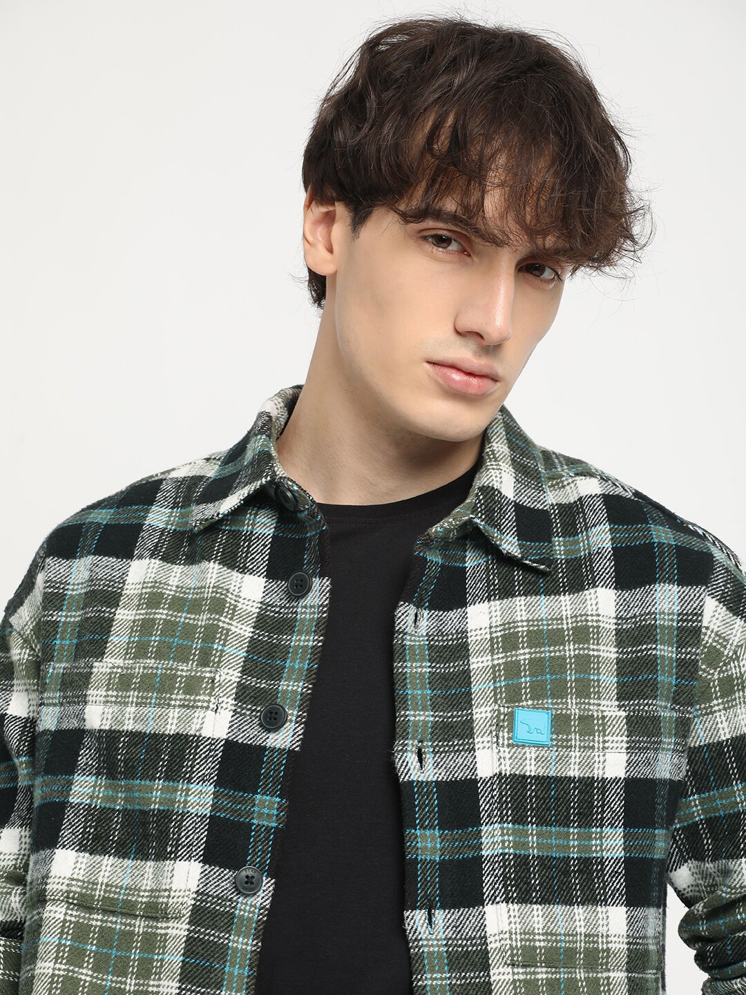 

THE BEAR HOUSE Men Checkered Relaxed Fit Shacket, Green