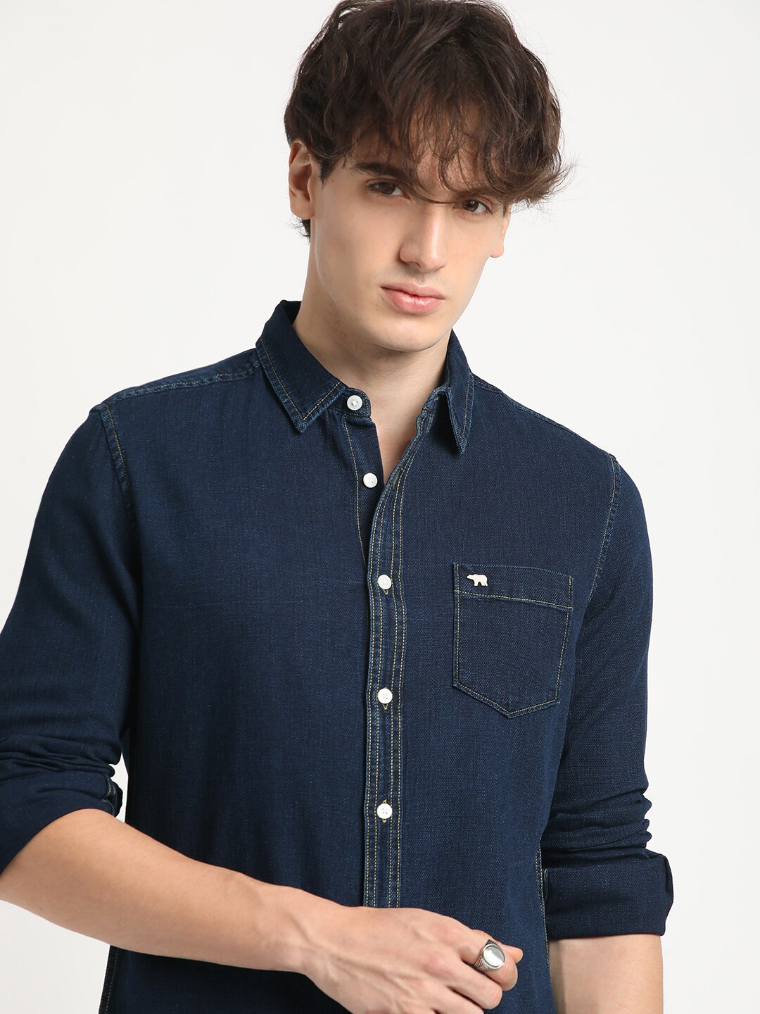 

THE BEAR HOUSE Slim Fit Long Sleeves Spread Collar Cotton Opaque Casual Shirt, Blue