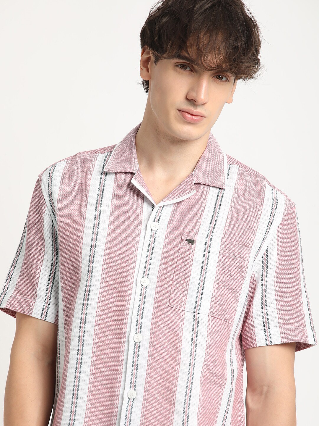 

THE BEAR HOUSE Striped Cuban Collar Oxford Weave Opaque Casual Shirt, Red