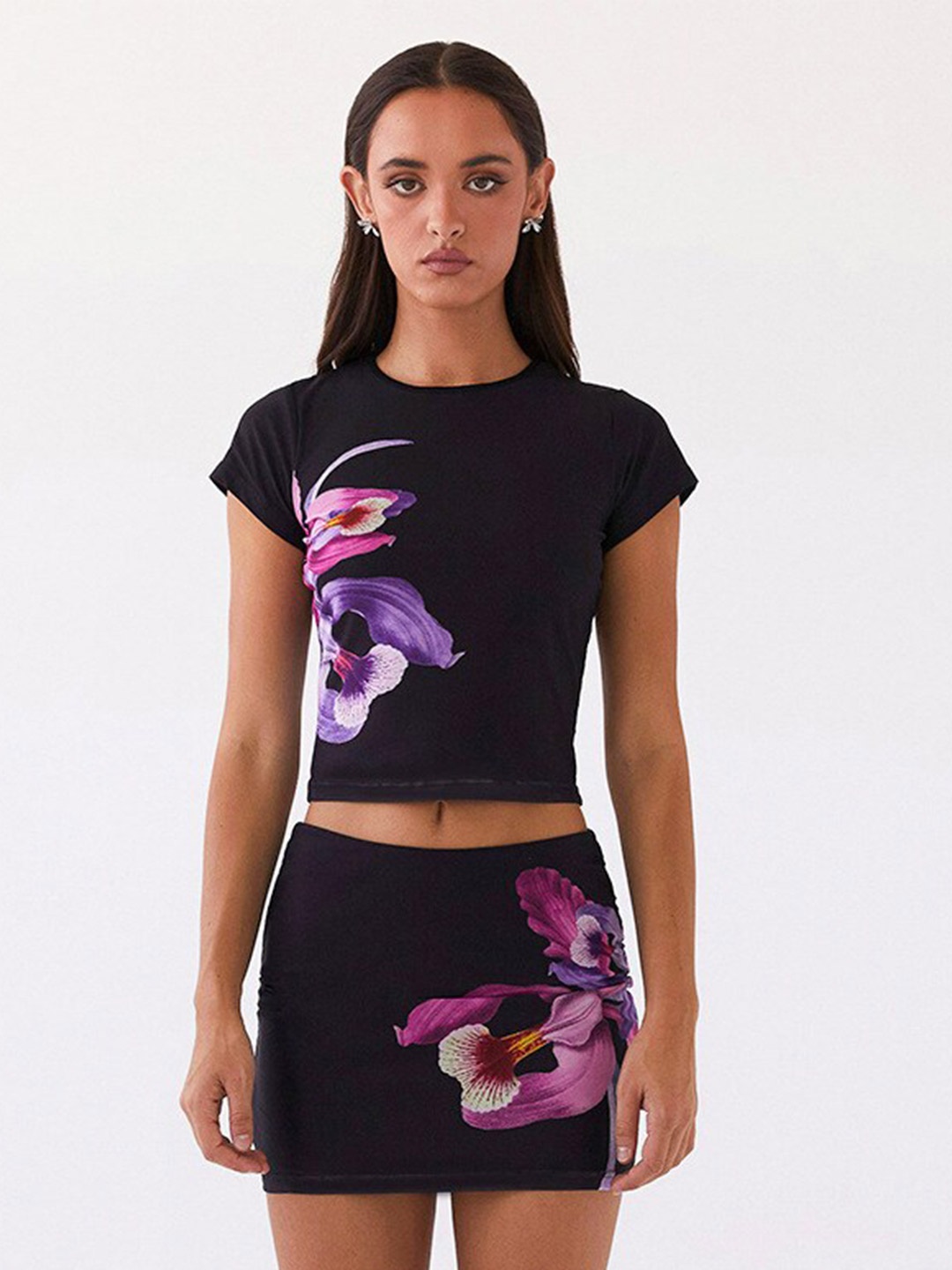 

StyleCast x Revolte Black & Purple Printed Top with Skirt