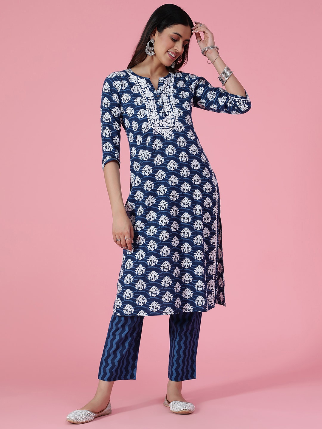 

House of Chikankari Floral Printed Straight Thread Work Kurta With Trouser, Blue