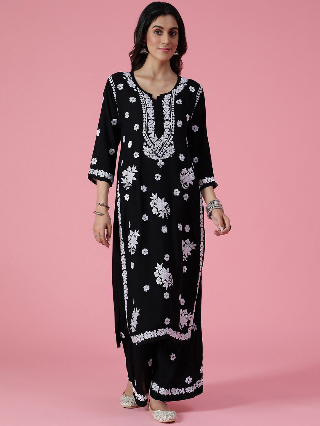 

House of Chikankari Floral Embroidered Straight Kurta With Palazzo, Black