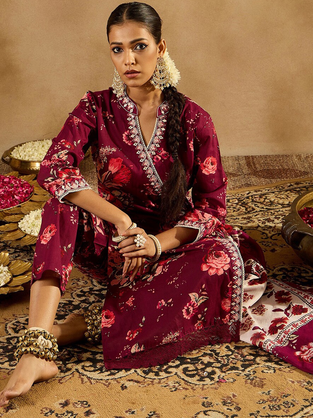 

Indo Era Floral Printed Angrakha Mirror Work Pure Cotton Kurta with Trousers & Dupatta, Burgundy