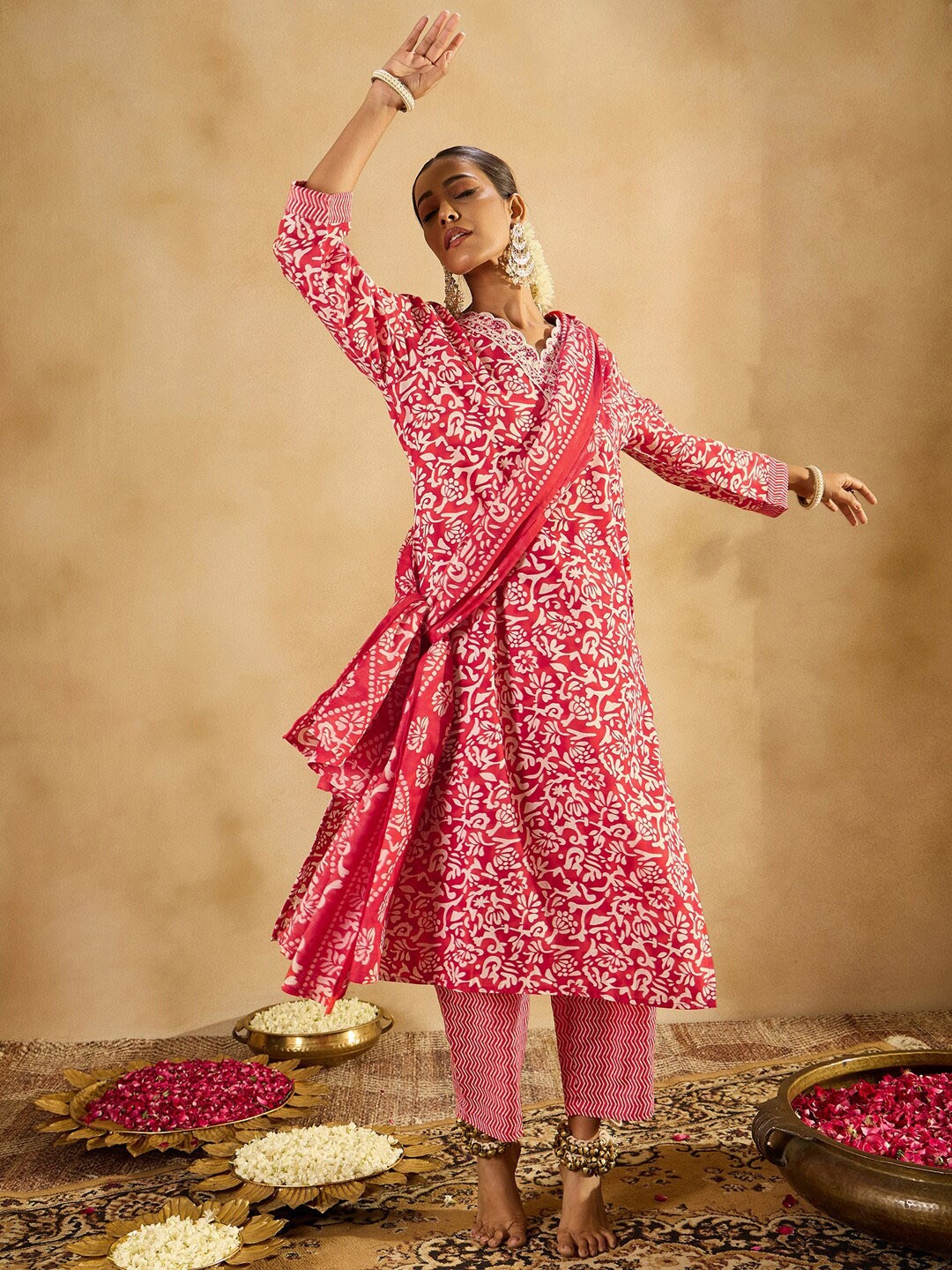 

Indo Era Red Floral Printed V-Neck Thread Work Straight Kurta With Trousers & Dupatta