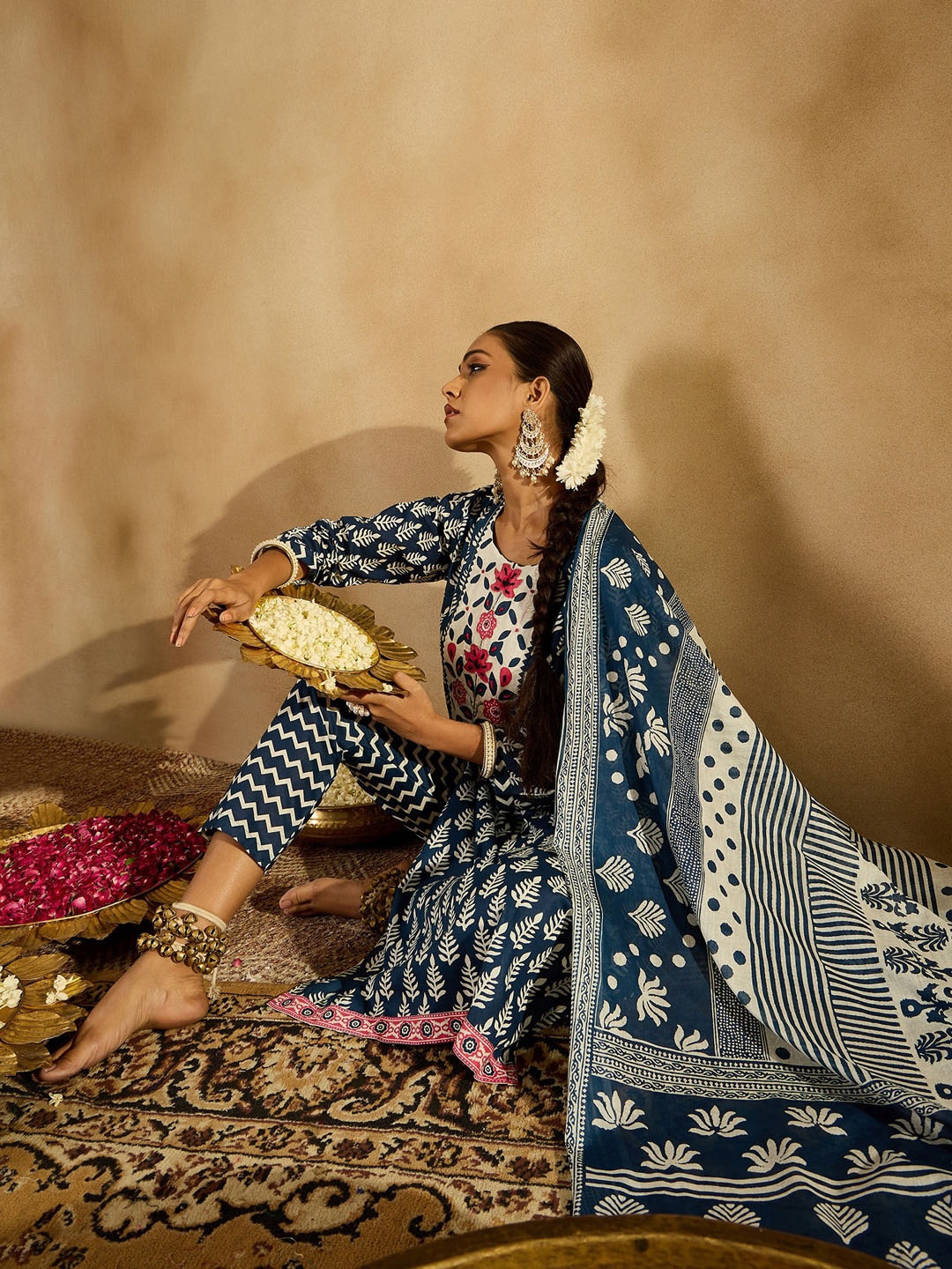 

Indo Era Ethnic Motifs Printed Thread Work Pure Cotton Straight Kurta & Trousers & Dupatta, Blue