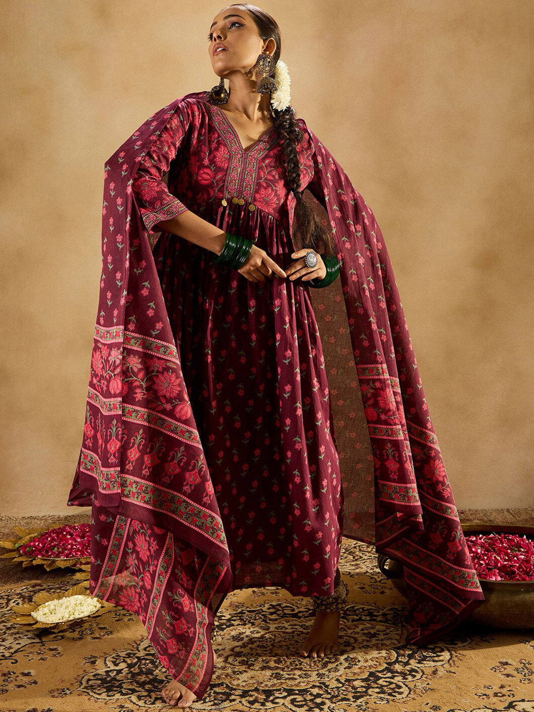 

Indo Era Floral Printed Empire Pure Cotton A-Line Kurta with Trousers & Dupatta, Burgundy