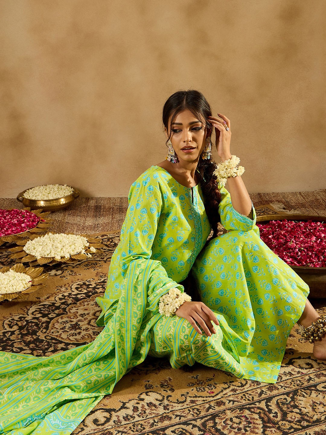 

Indo Era Ethnic Motifs Printed Mirror Work Pure Cotton Straight Kurta & Palazzos & Dupatta, Green