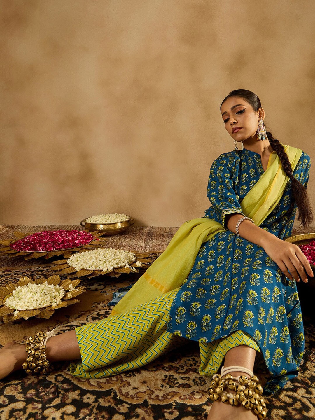 

Indo Era Floral Printed Straight Kurta With Palazzos & Dupatta, Blue